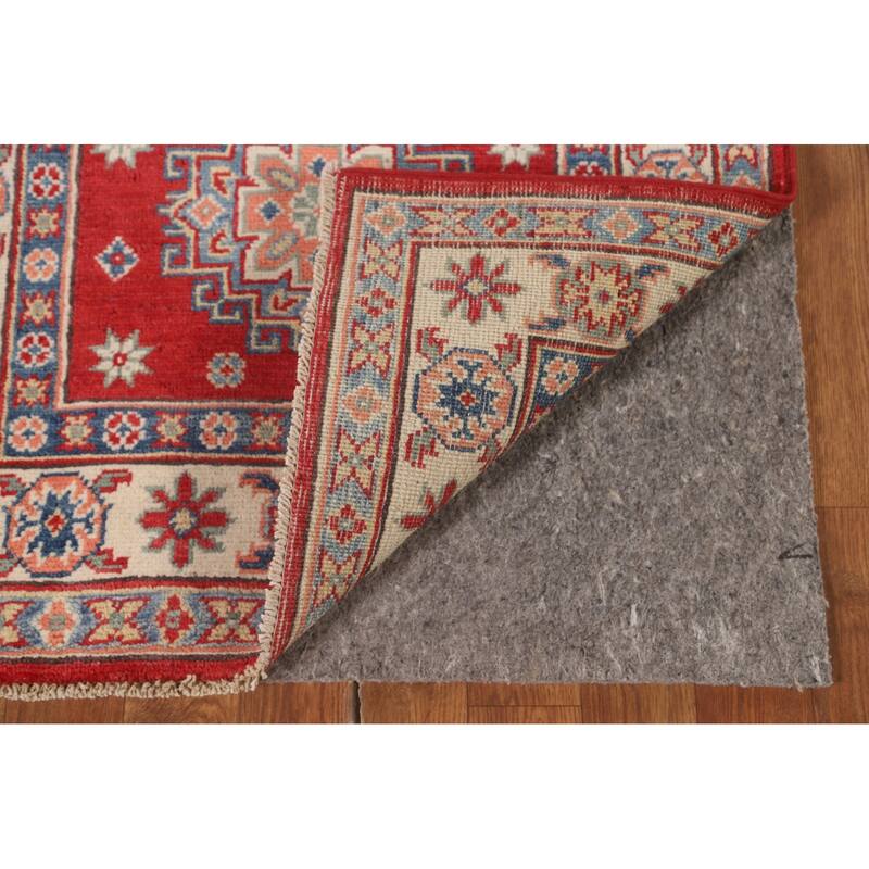 Geometric Red Kazak Runner Rug Hallway Hand-Knotted Wool Carpet - 2'7" x 8'0"