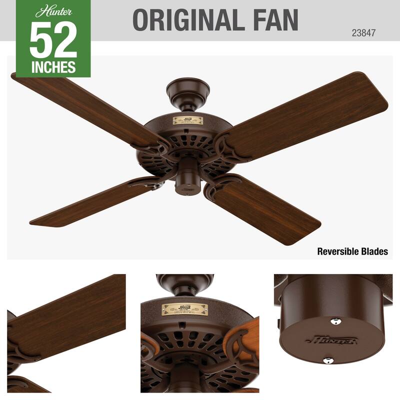 52" Hunter Original Outdoor Ceiling Fan with Pull Chain, Damp Rated - 52
