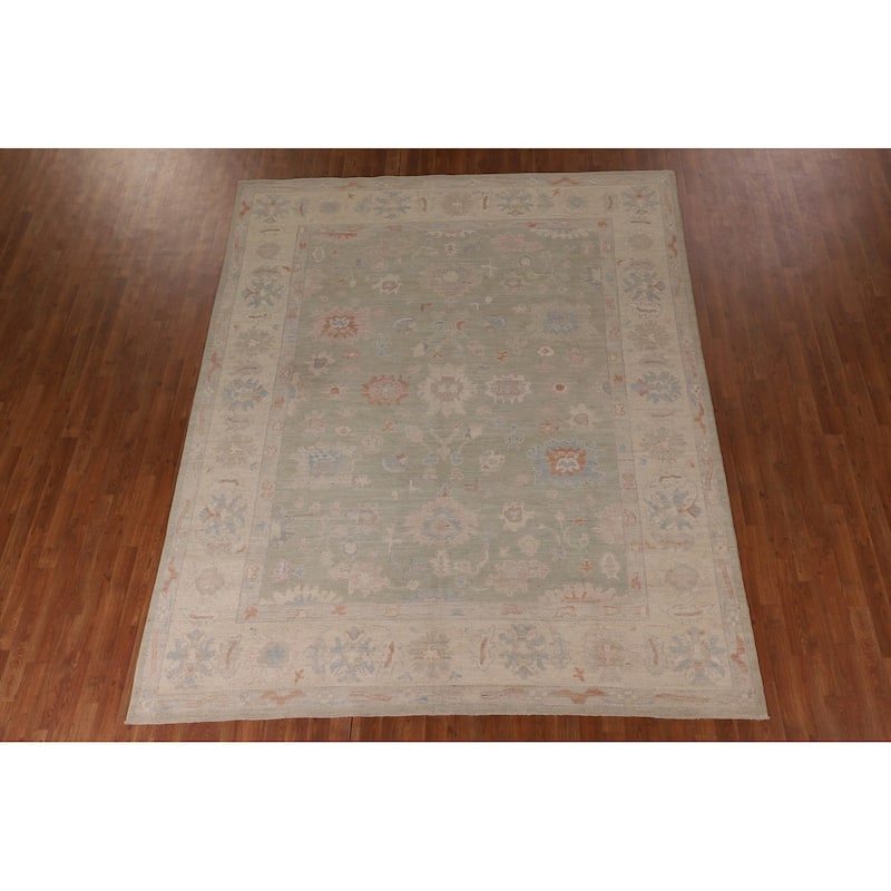Green Floral Oushak Vegetable Dye Area Rug Handmade Wool Carpet - 8'2" x 9'9"