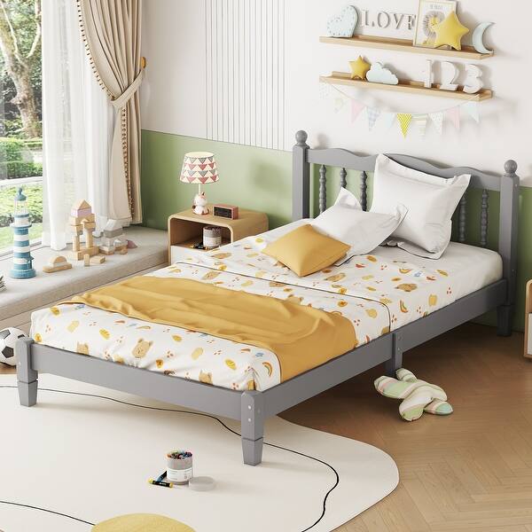 slide 2 of 12, Twin Size Platform Bed Frame with Column-Decoration Headboard and 14 Slat Support for Kids, Teens - No Box Spring Needed Grey - Twin