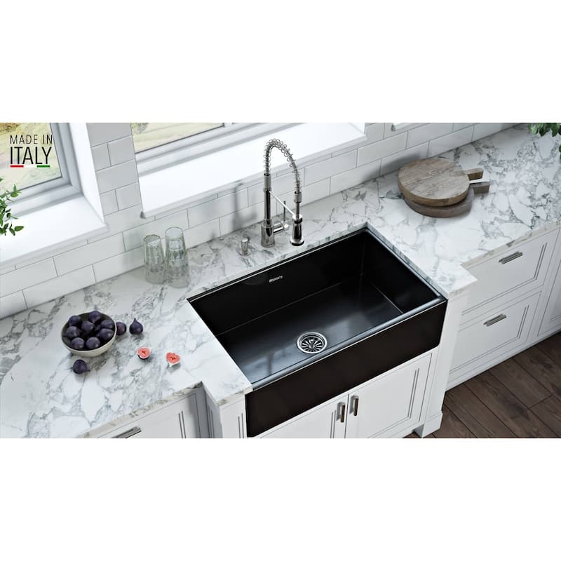 Ruvati 33 x 20 inch Fireclay Reversible Farmhouse Apron-Front Kitchen Sink Single Bowl - Gloss Black - RVL2300BK
