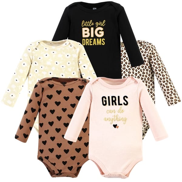 slide 1 of 1, Hudson Baby Infant Girl Cotton Long-Sleeve Bodysuits, Cinnamon Hearts 5 Pack Preemie - Cinnamon Hearts 5 Pack