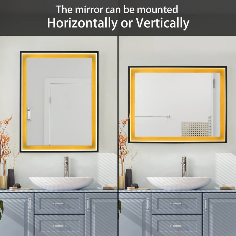 Lunara Modern Matte Black LED Bathroom Mirror with Golden Sand Frame Anti Fog - Black/Gold - L28"xD1"xH36"