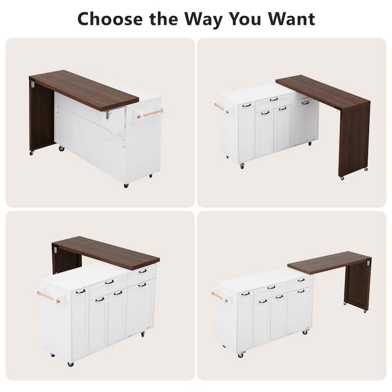 102.3" Kitchen Island with Extendable Dining Table, Trash Storage Cabinet & 3-Tier Pull-Out Spice Rack