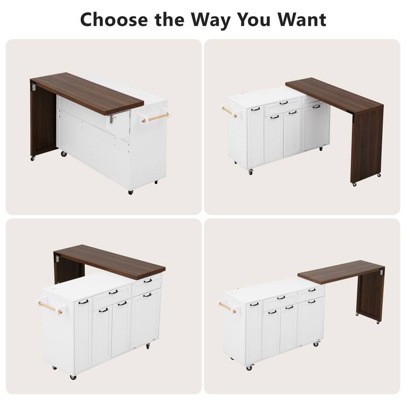 102.3" Kitchen Island with Extendable Table, Kitchen Rolling Island Cart with Trash Storage Cabinet, 3-Tier Pull-Out Spice Rack