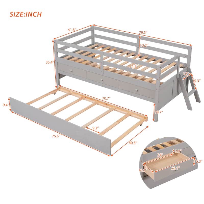 Solid Wood Low Bed with Full Safety Fence, Climbing ladder,Storage Drawers and Trundle