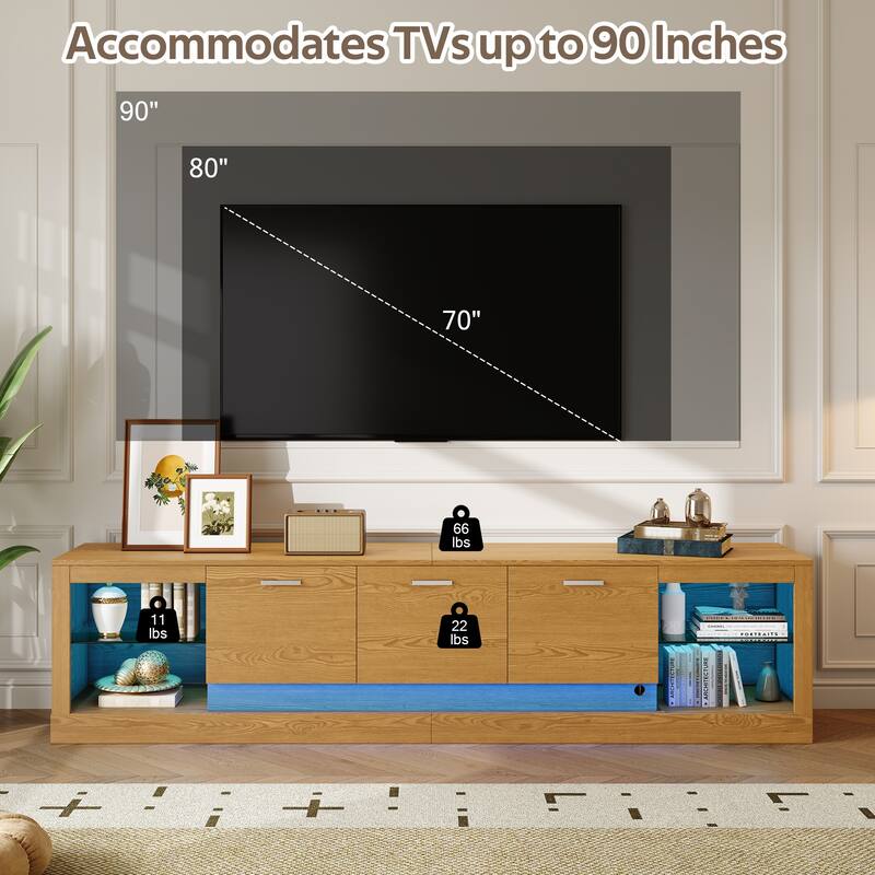 Roomfitters 78" Modern TV Stand with Storage Cabinets and Open Shelves, Long Entertainment Center for Living Room, Oak
