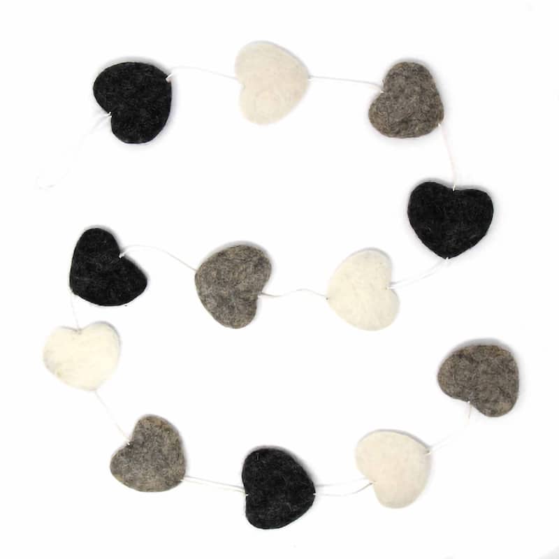 The Curated Nomad Thrift Handmade Felted Wool String of Hearts Hanging Garland - Grey, White