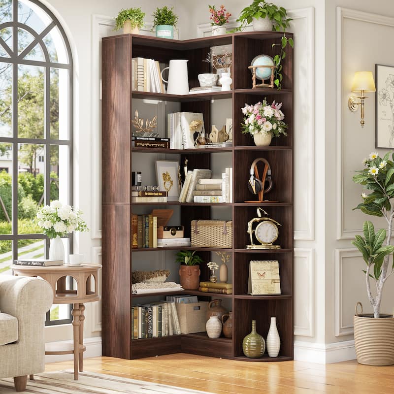 6-Tier Corner Bookshelf, 71" H Freestanding L-Shaped Book Shelf with Baffle, Corner Open Display Shelf Bookcase - Black Walnut