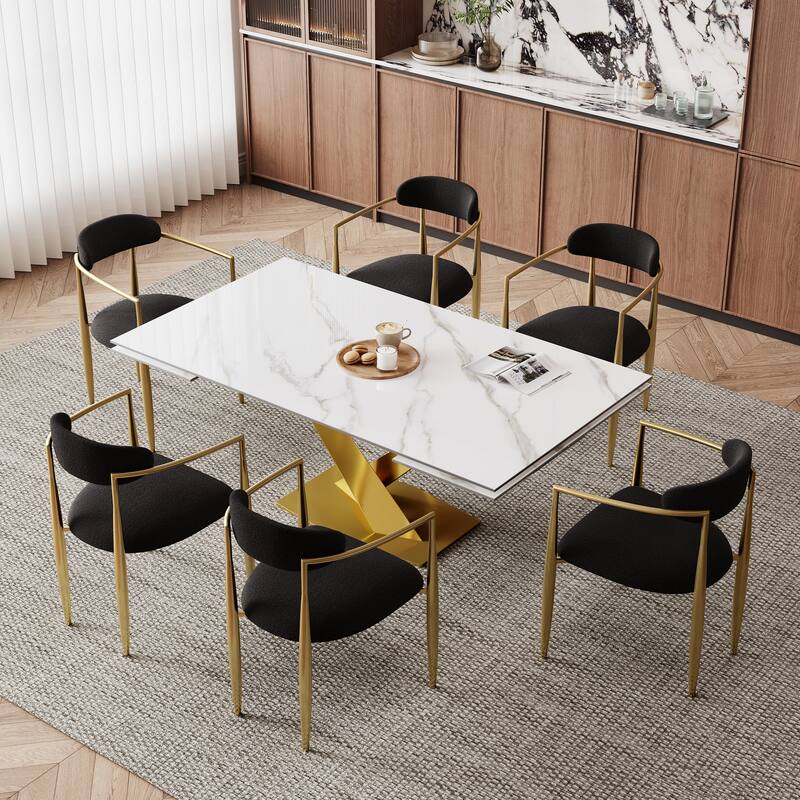 9 - Piece 94.48'' Modern Minimalist Extendable Sintered Stone Top Dining Set with 8 Fabric Chair