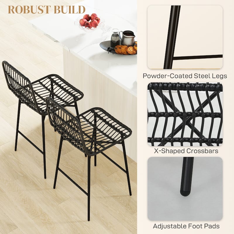 HOMCOM Rattan Counter Height Bar Stools Set of 2, 26" Wicker Barstools with Back, Modern Bar Chairs for Kitchen Island, Black