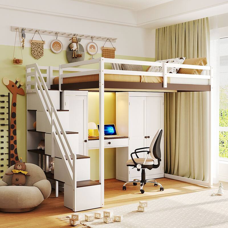 Full Size Loft Bed with Storage Staircase, Built-In Dressing Table, USB Ports & Lights by Harper&Bright Designs