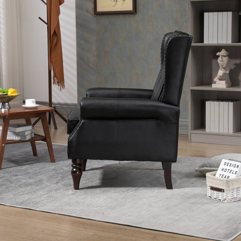 Black PU Modern 29.33" High Back Upholstered Arm Chair with Sturdy Wood Legs and Nailheads for Living Room
