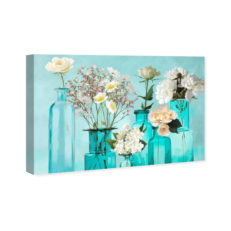Wynwood Studio Canvas Floral and Botanical Glassy Teal Flowers Blue and Turquoise Modern & Contemporary Wall Art Canvas Print