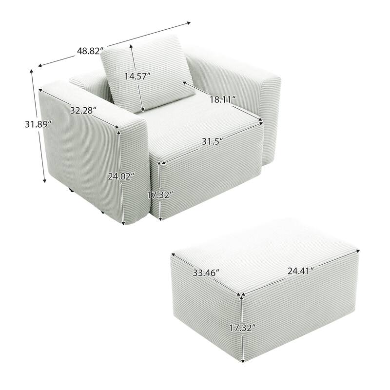 Corduroy Sectional Modular Sofa with Square Arms & Ottoman Extension for Flexible Arrangements
