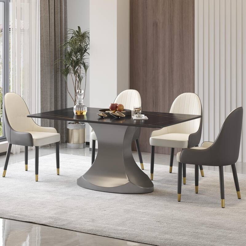 Rectangular Dining Table, Faux Marble Kitchen Dining Table with Grey Pedestal.
