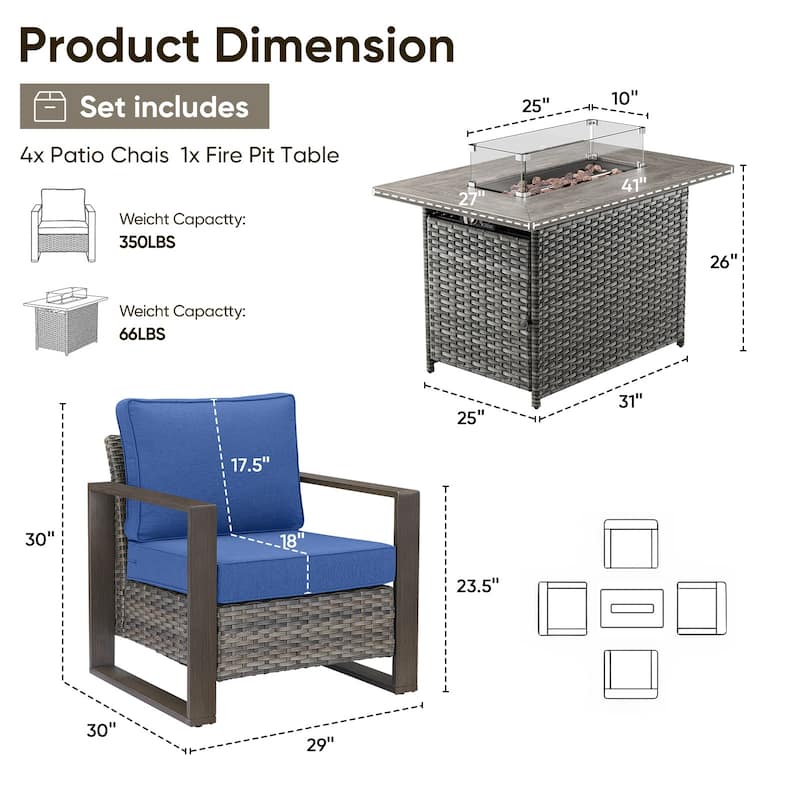 Pocassy 5 Pieces Outdoor Patio Chair with Fire Pit Table Set