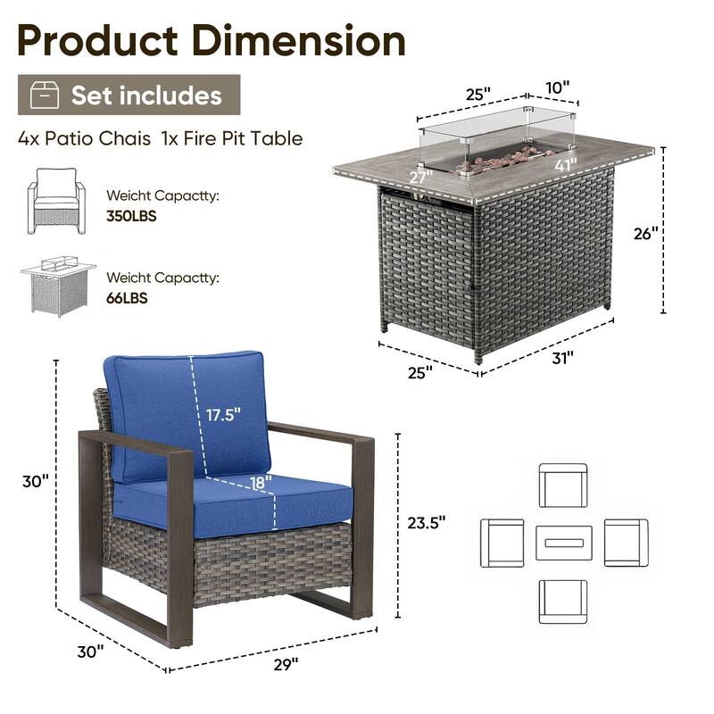 Pocassy 5 Pieces Outdoor Wicker Chair with Fire Table Set