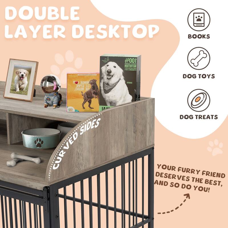 44" Heavy Duty Dog Crate Furniture with Lockable Wheels, Storage & Sliding Door for Medium to Large Dogs