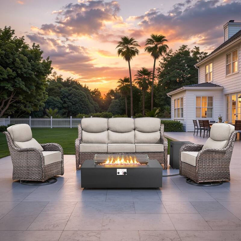 Pocassy 43" Fire Pit w/ Outdoor Sofa Swivel Chair Ottoman Set - Brown Wicker Beige Cushion - 4PCS Fire Table w/ 6-In Cushion Sofa Swivel Chair