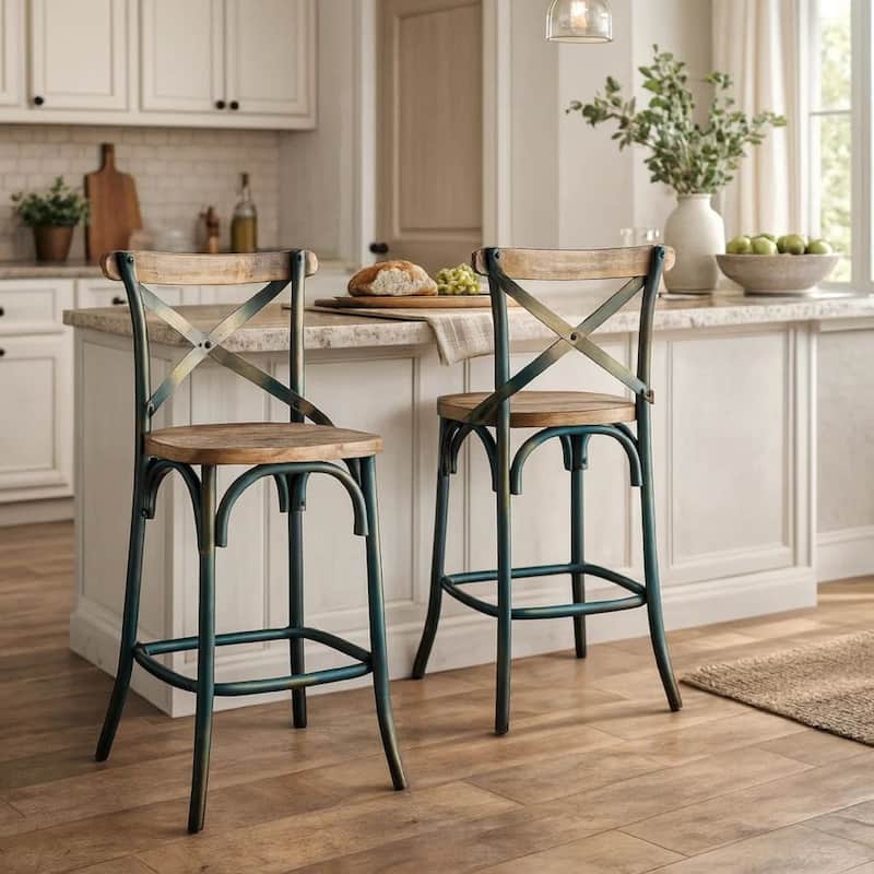 Wood & metal Bar Height Chair with X-Style Panel back, Antique Sky Blue