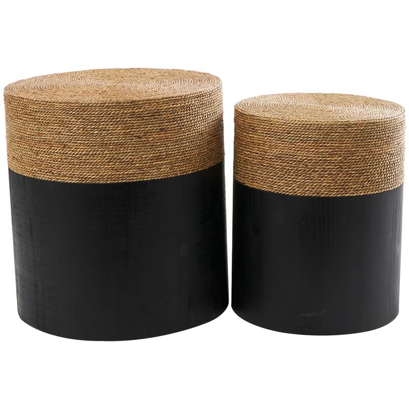 Black Wood Handmade Colorblock Wrapped Accent Table with Dried Plant Tabletops (Set of 2)