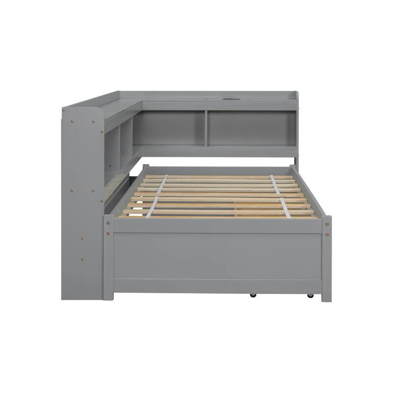 Twin Size Bookcass Bed w/ Power Outlets, USB Ports,2 Drawers,L-shaped