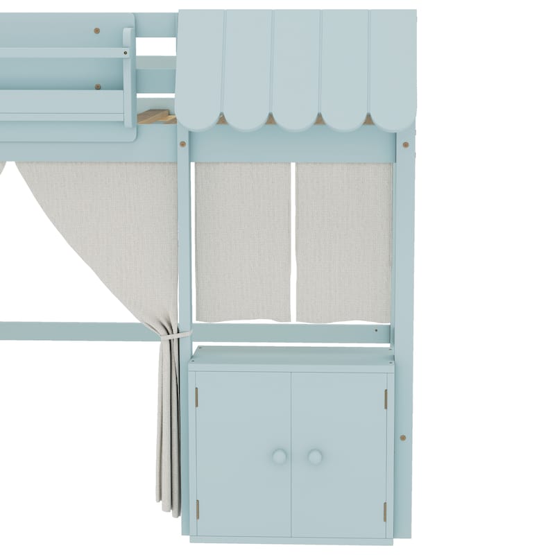 Fairy Tale Cottage Loft Bed with Tent, Bookshelf and Storage Cabinets