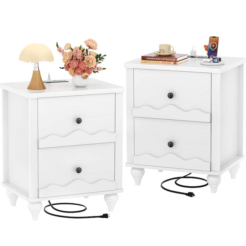 Modern Nightstand with Charging Station, Side End Table with 2 Drawers
