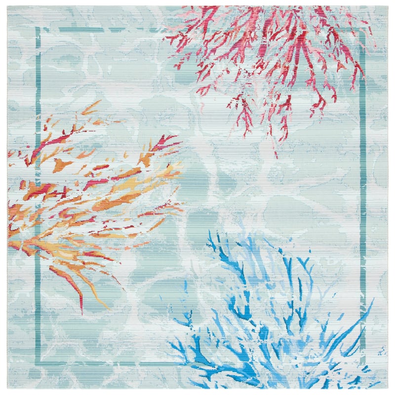 SAFAVIEH Barbados Aniek Tropical Indoor/ Outdoor Waterproof Patio Backyard Rug - 6'6" Square - Teal/White