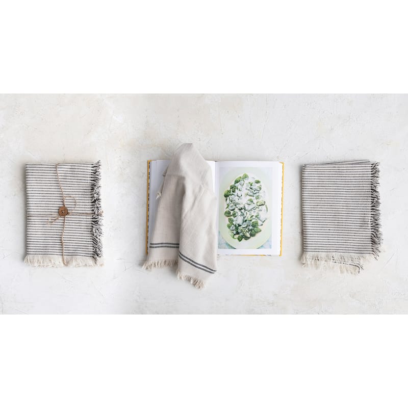 Woven Cotton Tea Towel with Stripes and Fringe - 28.0"L x 18.0"W x 0.3"H - 28.0"L x 18.0"W x 0.3"H