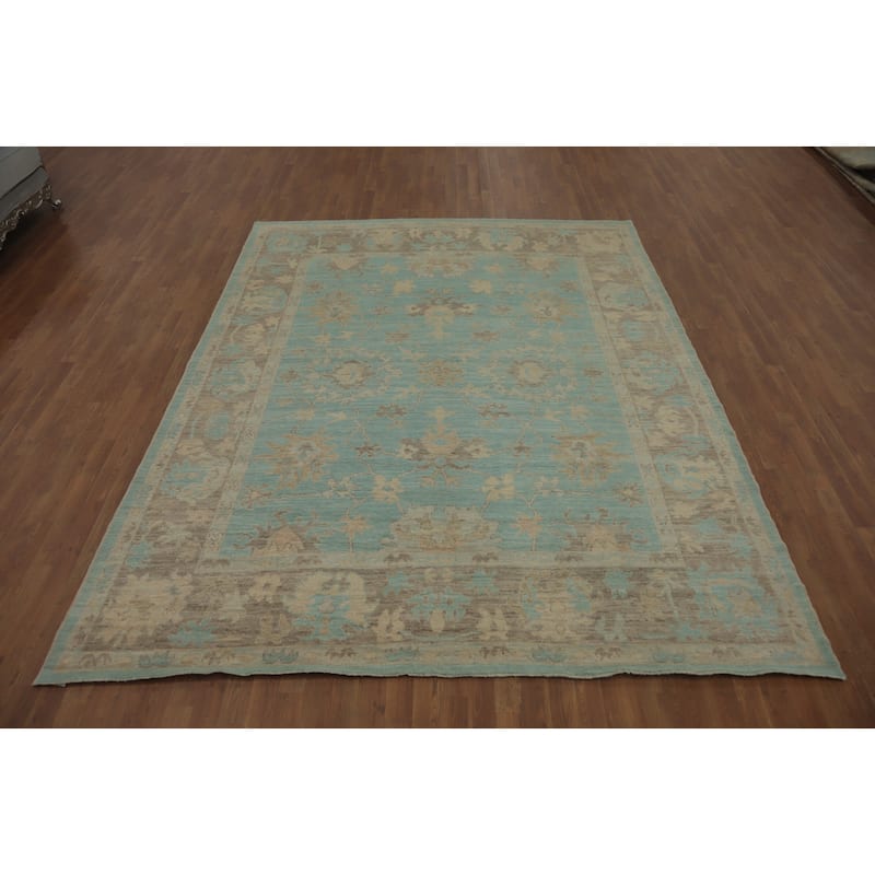 Vegetable Dye Blue Oushak Turkish Area Rug, Floral Geometric Carpet - 10' 3'' X 8' 3''