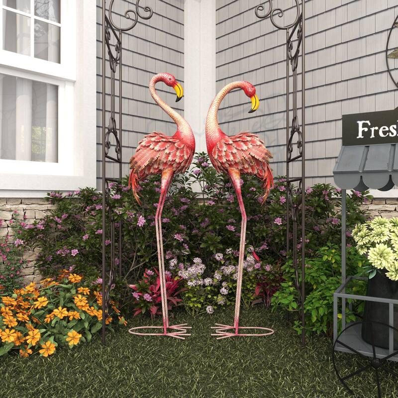 Pink Metal Indoor Outdoor Standing Flamingo Decorative Garden Sculpture with Yellow Accents and Coiled U Shaped Feet (Set of 2)
