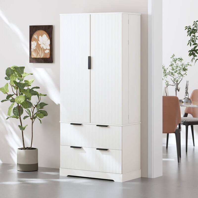 72" Fluted Kitchen Pantry Cabinet, Freestanding Cupboard Storage Cabinet with 2 Drawers for Smart Organization - White
