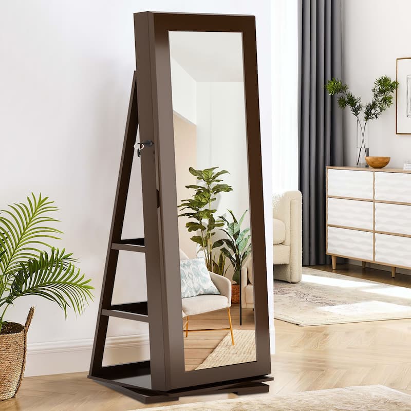 Standing Lockable Jewelry Armoire Jewelry Cabinet Organizer with Full-Length Mirror - 62.4"×14.8"