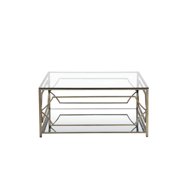 Square Coffee Table with Glass Top and Metal Frame, Brass