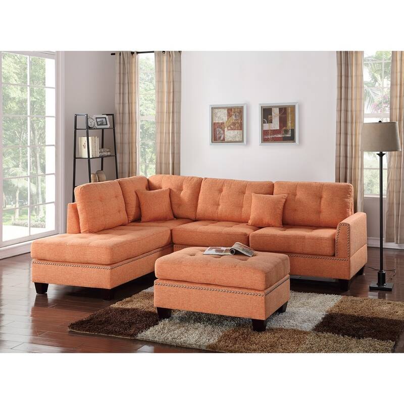3-Piece Orange Fabric 4-Seater L-Shaped Sectional Sofa with Wood Legs