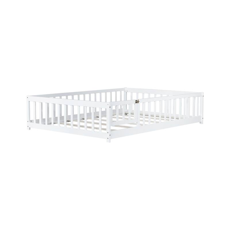 White Full Size Wooden Floor Bed with Fence & Door, Rubber, Safety Guardrails