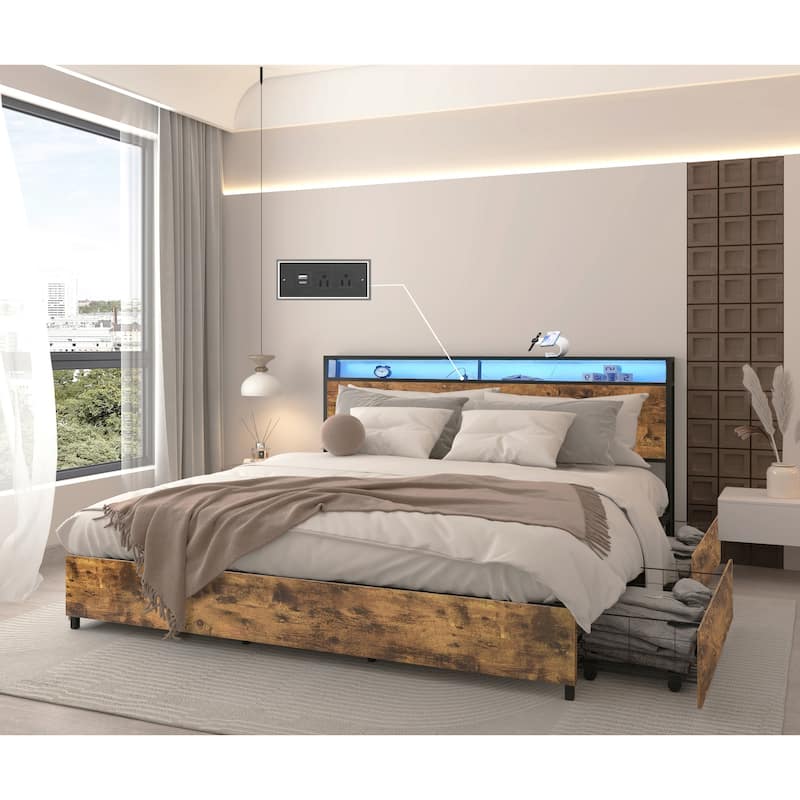 Queen Bed Frame with Storage Headboard, Charging Station, LED Lights, Easy Assembly