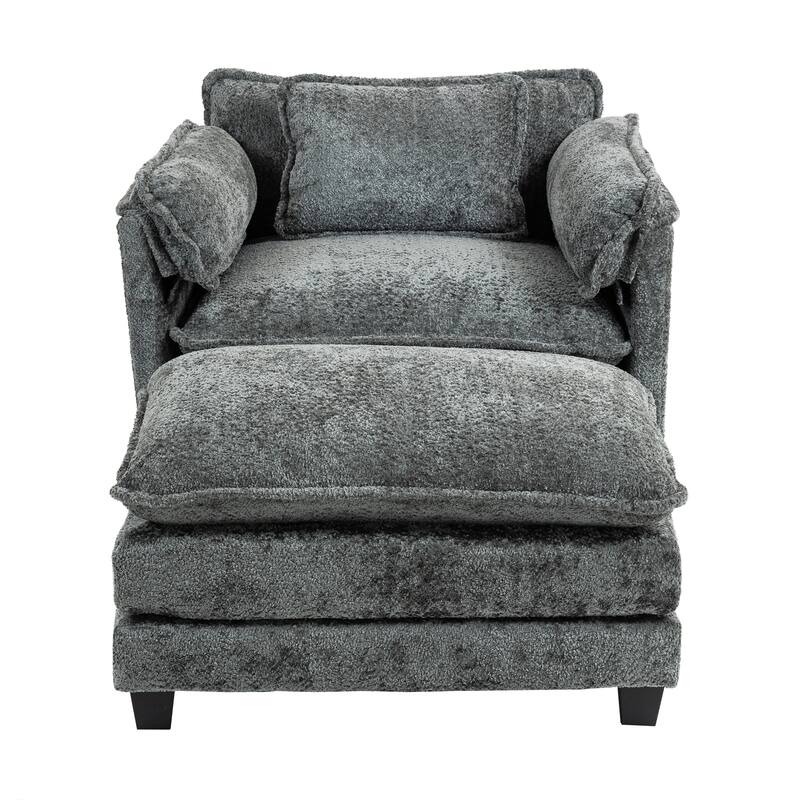 55" Oversized Single Sofa Chaise Lounge with Ottoman, Comfy Reading Chair Upholstered Sleeper Chair with Side Pockets