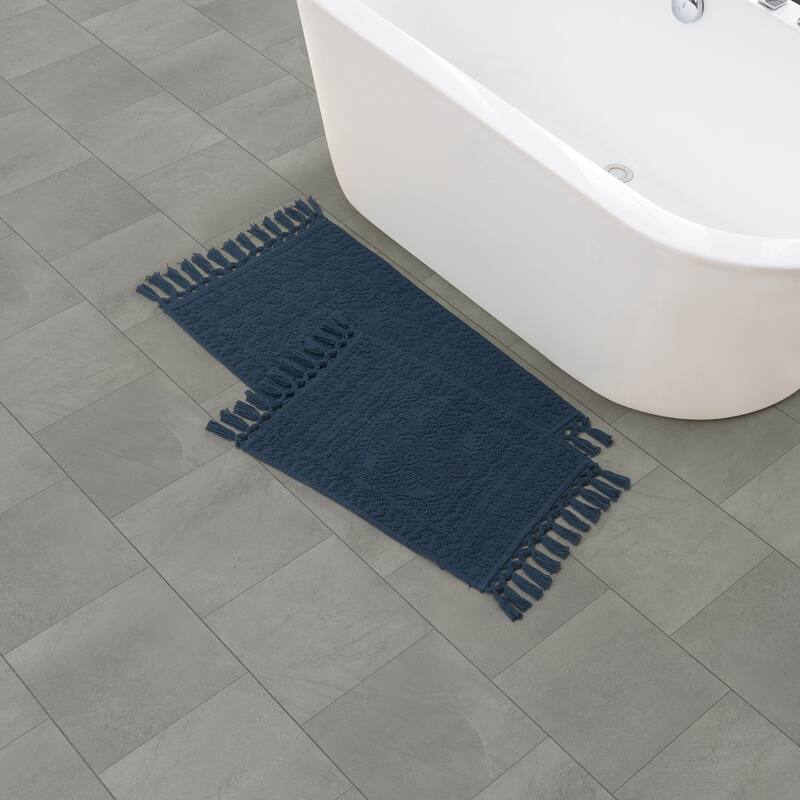 French Connection Nellore Fringe Cotton Bath Rug - 17x24/20x34 - Navy