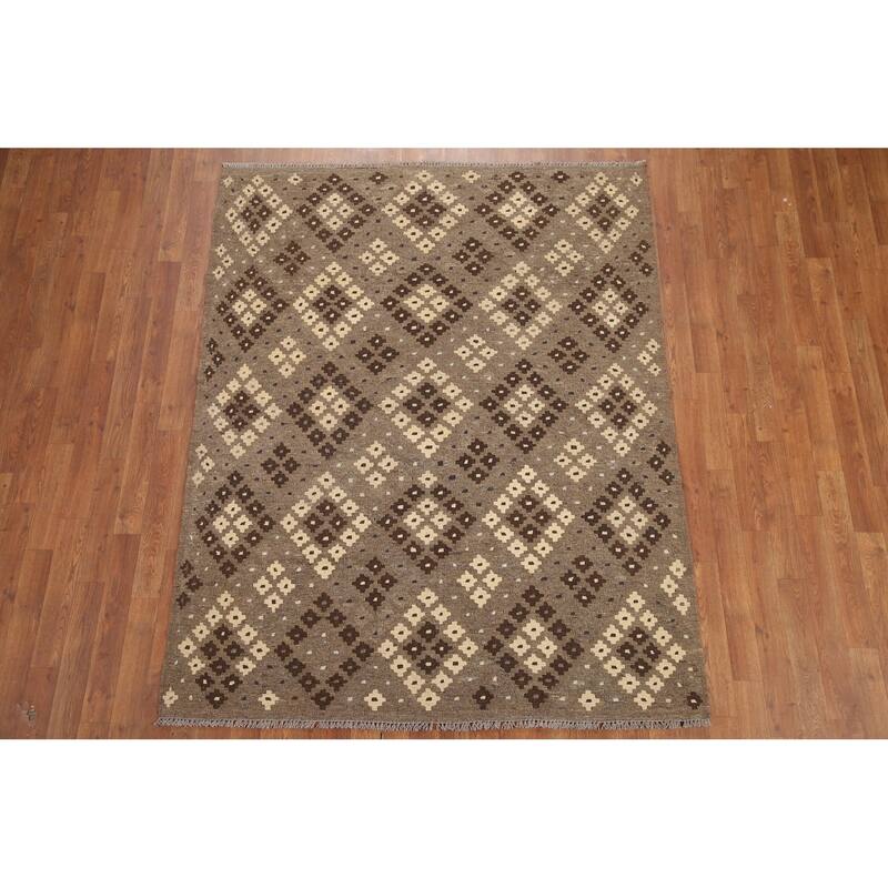 Hand Woven Oriental 100% Wool Carpet Southwestern All-Over Brown Kilim Area Rug - 6' 6'' X 5' 1''