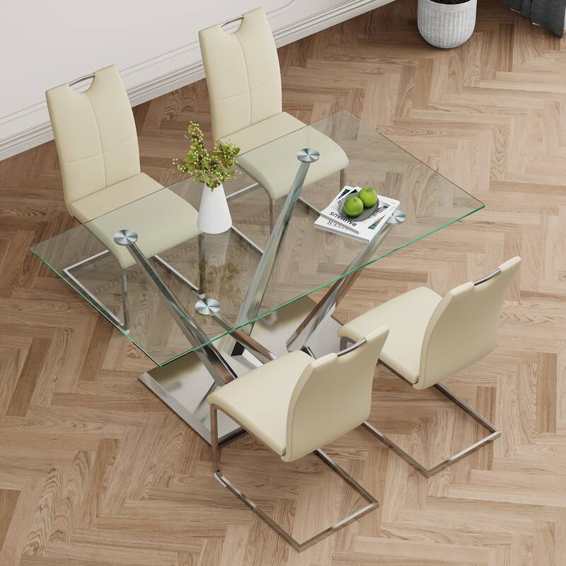63" Glass Dining Table Set for 4, 5 Piece Dining Table and Chairs Set, Rectangular Table with 4 Faux Leather Chairs & Metal Legs