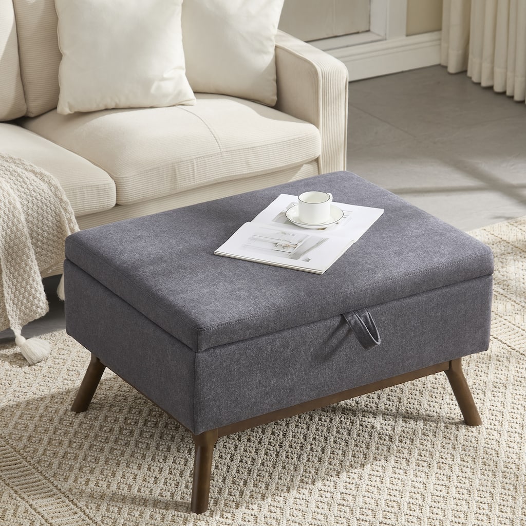 Mid-century modern square coffee table storage bench, assembled, suitable for living room, entryway and family room