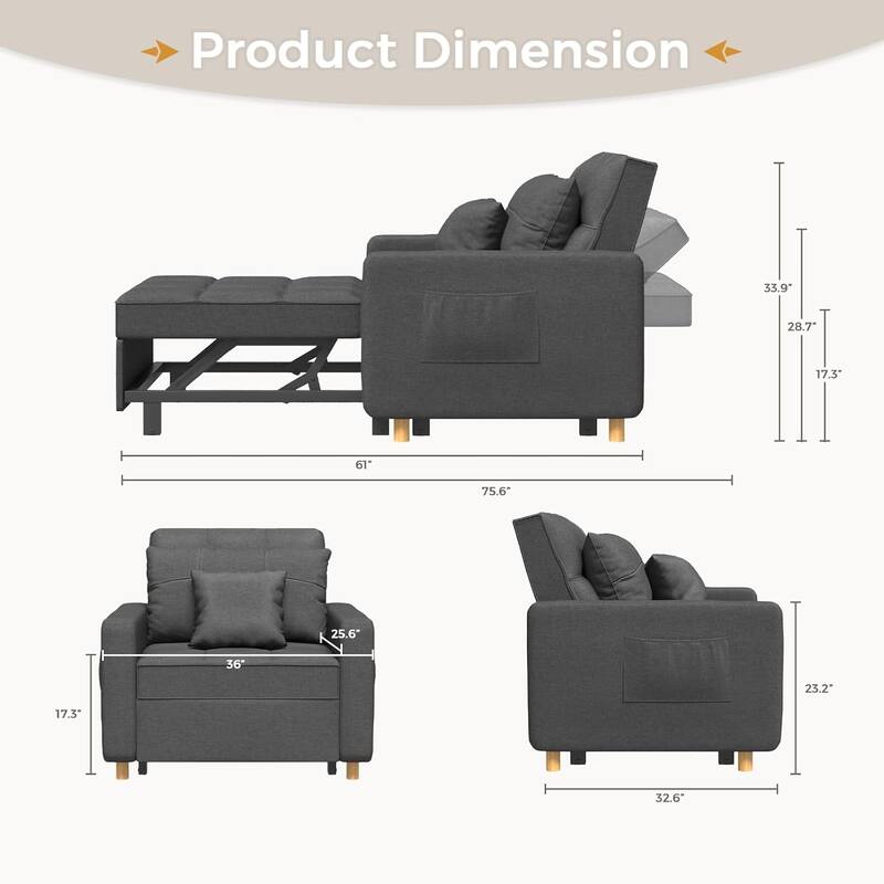 AECOJOY Adjustable Sleeper Chair Bed 3-in-1 Convertible Futon Sofa
