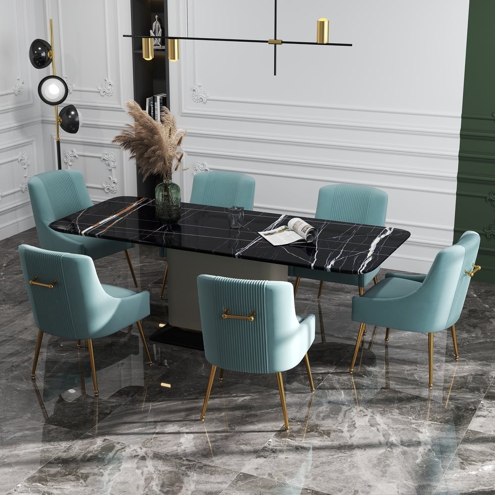 SEYNAR Modern Glam Boucle Pleated Velvet Dining Chair or Vanity Chair Set of 6 with Rear Handle