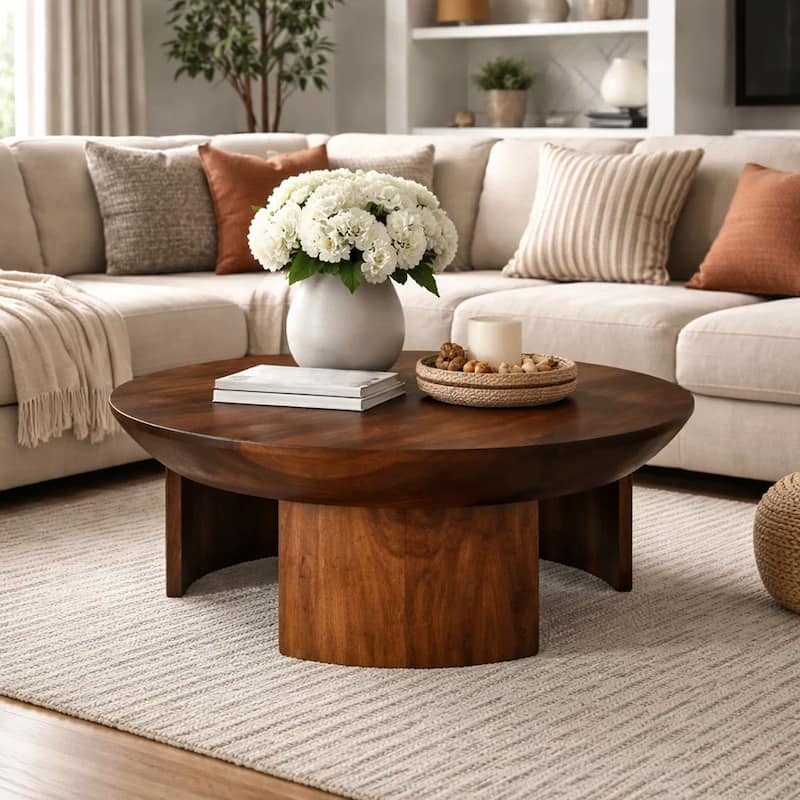 35 Inch Coffee Table, Handcrafted Round Mango Wood Top, Modern Curved Tripod Legs, Walnut Brown