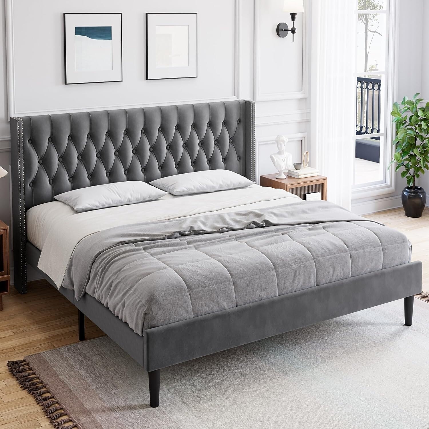King Size Bed Frame, Modern Velvet Upholstered Platform Bed