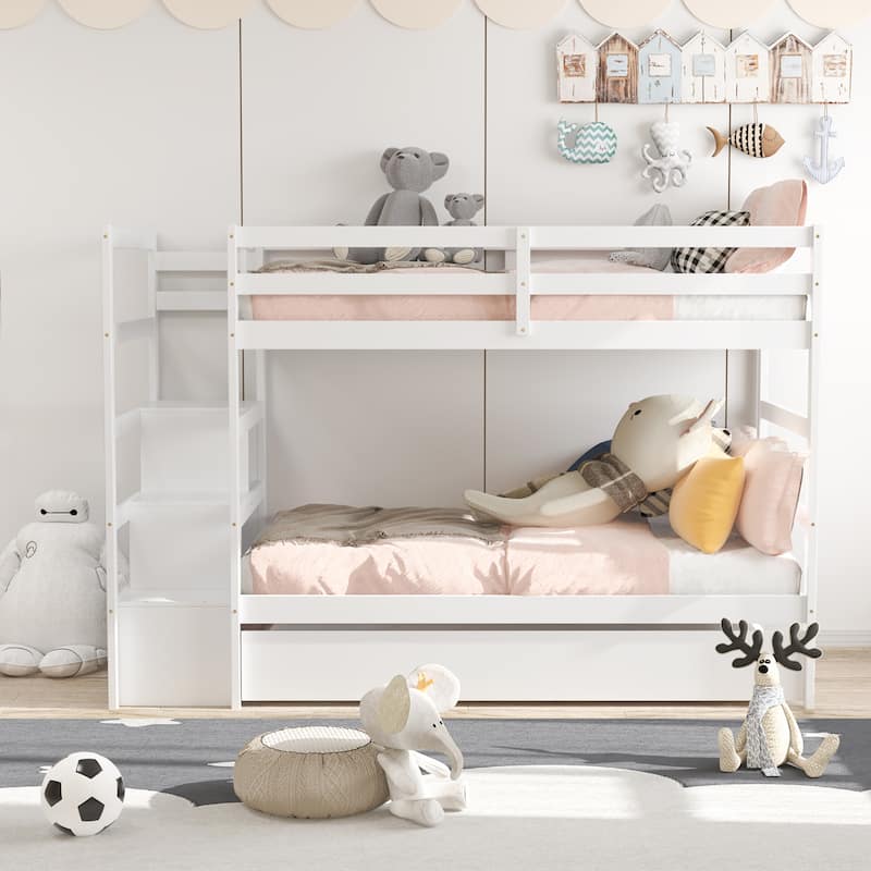 Costway Twin Over Twin Bunk Bed with Trundle Stairway and Storage - 39'' x 75''