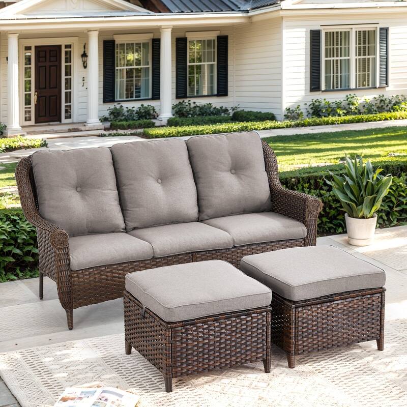 Pocassy Wicker Patio Conversation Set for Backyard - Grey Cushion - 3PCS 3-Seat Sofa with Ottoman